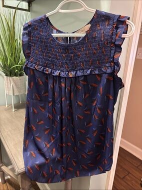 LOFT Navy Ruffle Smocked Shell with Rust Leaf Motif
